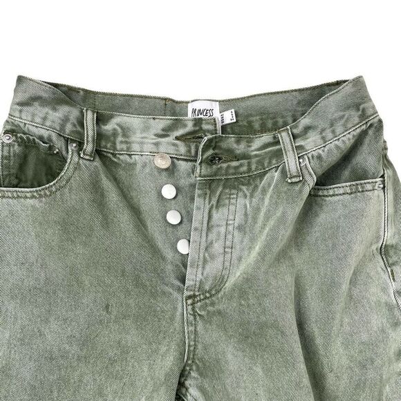 Princess Polly Holly Green Denim Asymmetric Button Fly Straight Leg Jeans Size 2 - Picture 4 of 9